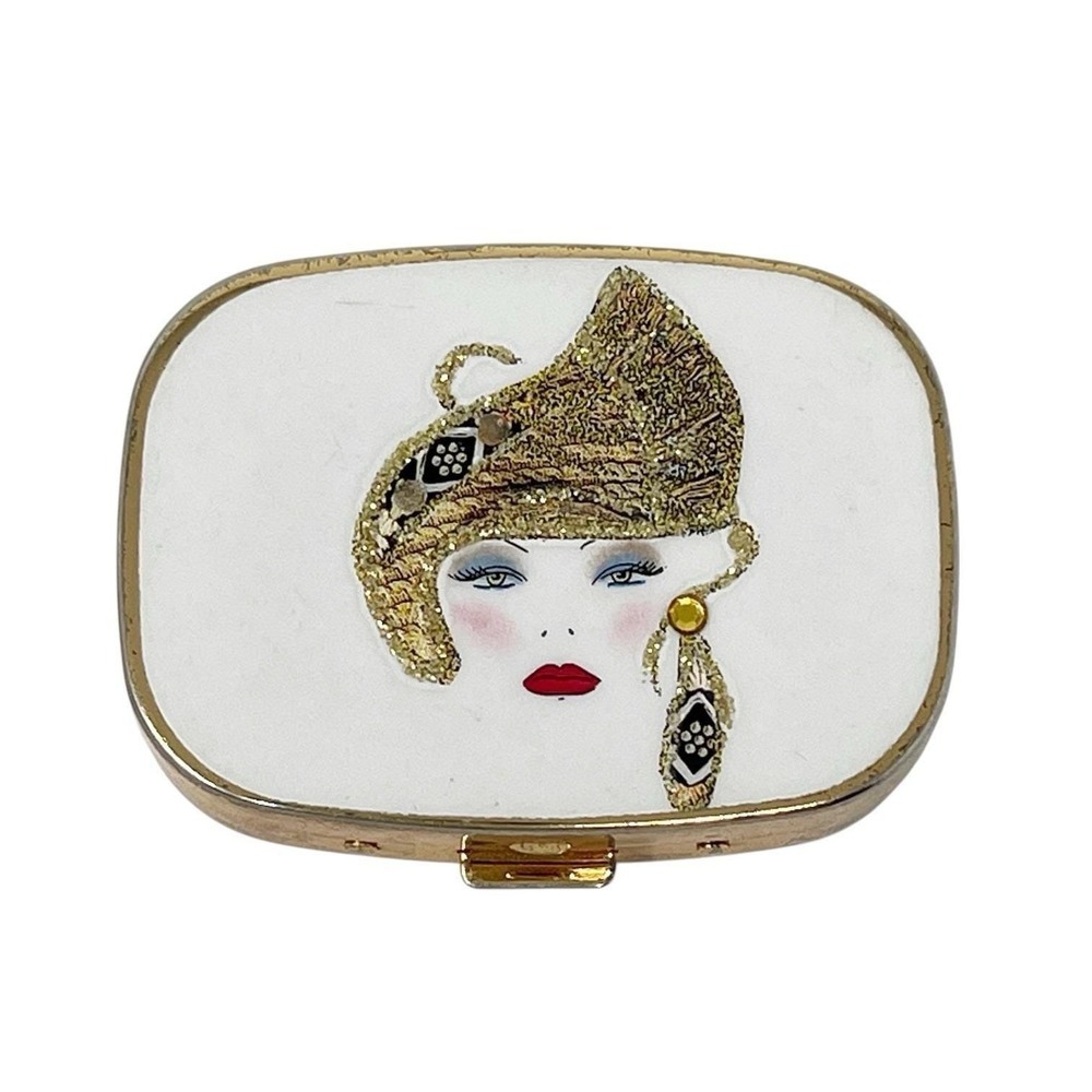 Vintage Embellished Woman Travel Pillbox 3 Compartments Gold Tone Easy Open